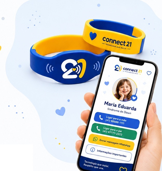 Pulseiras Connect21 e celular exibindo o perfil da criança